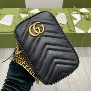 Gucci Black Chevron Crossbody Bag with Gold Accents